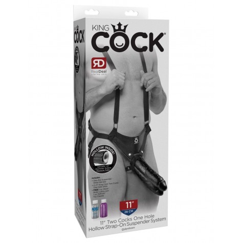 Страпон-система с чёрной насадкой 11" Two Cocks One Hole Hollow Strap-On Suspender System - 30,5 см.