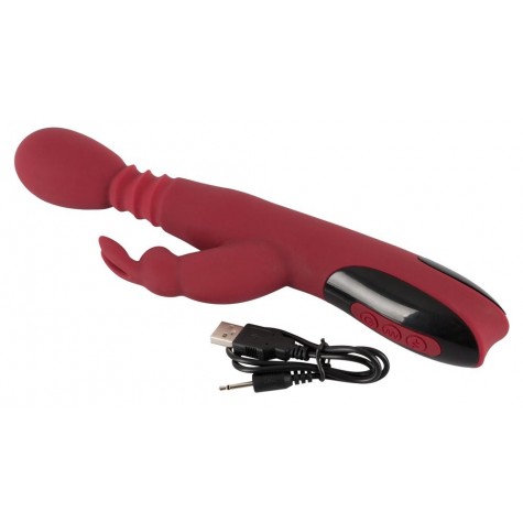 Красный вибромассажер с клиторальным отростком Rabbit Vibrator - 26,5 см.